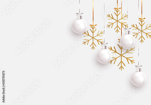 Christmas balls background. Hanging white Xmas decorative bauble, 3d golden metallic snowflakes on the ribbon. Festive vector realistic decor ornaments