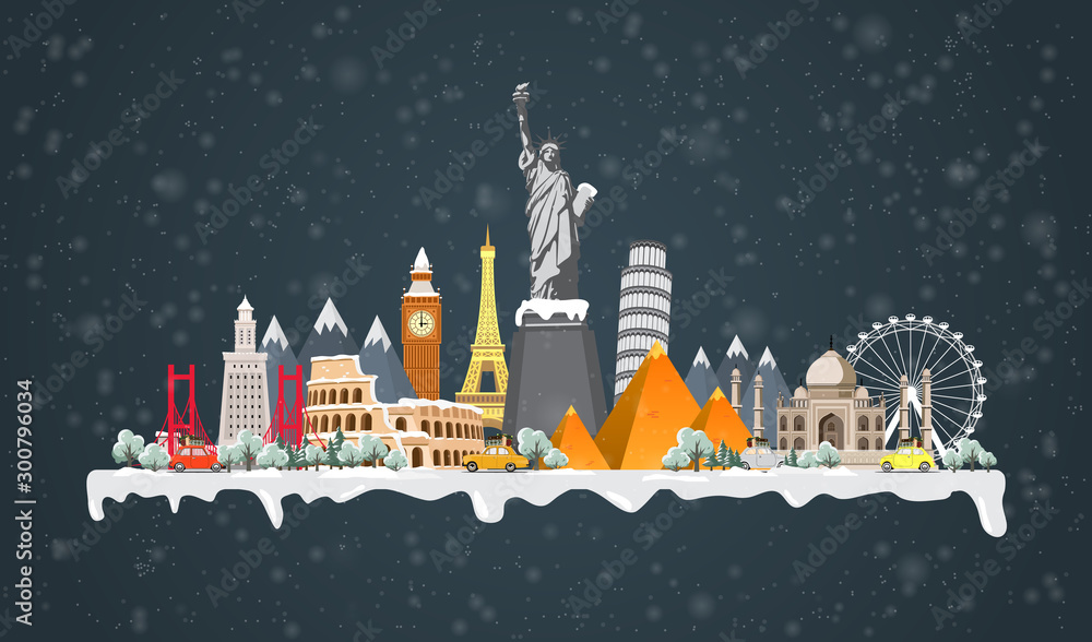 Winter travel to World. Christmas holidays. Road trip. Big set of famous landmarks of the world. Time to travel, tourism, summer holiday. Different types of journey. Flat design vector illustration