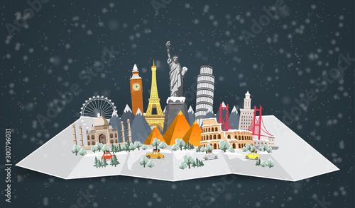 Winter travel to World. Christmas holidays. Road trip. Big set of famous landmarks of the world. Time to travel, tourism, summer holiday. Different types of journey. Flat design vector illustration