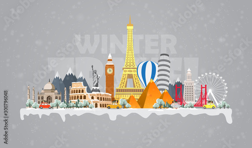 Winter travel to World. Christmas holidays. Road trip. Big set of famous landmarks of the world. Time to travel, tourism, summer holiday. Different types of journey. Flat design vector illustration