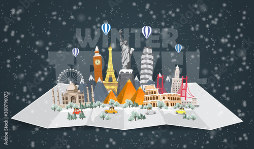 Winter travel to World. Christmas holidays. Road trip. Big set of famous landmarks of the world. Time to travel, tourism, summer holiday. Different types of journey. Flat design vector illustration