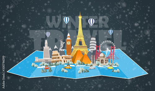 Winter travel to World. Christmas holidays. Road trip. Big set of famous landmarks of the world. Time to travel, tourism, summer holiday. Different types of journey. Flat design vector illustration