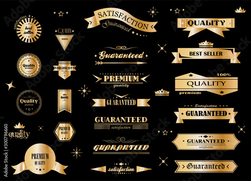 Retro Banner And Ribbon Design Elements. Retro Gold Banners And Labels In Vintage Style Isolated On Black. Vintage Vector Set For Ribbon Logo, Label, Banner And Hipster Design.Logo for Business Badges