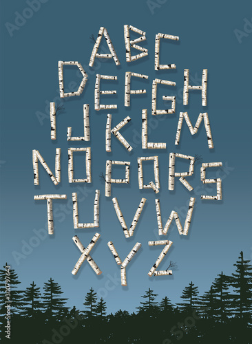 Vector poster design of alphabet made of birch tree logs. 