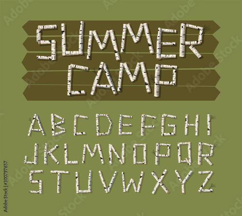 Vector font design. Alphabet made of birch tree logs. 