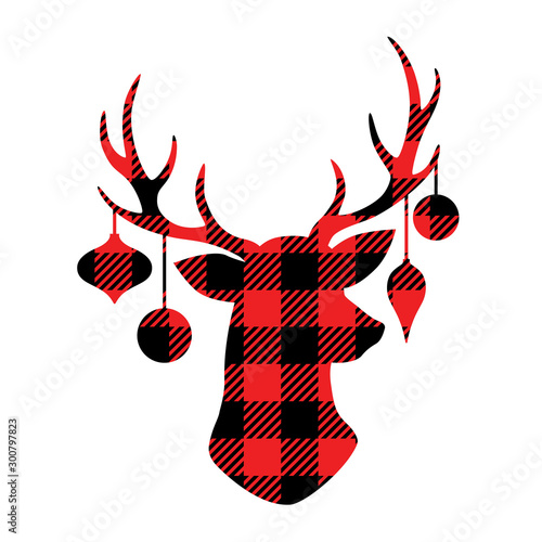 Reindeer with Christmas ornaments hanging from the antlers. Christmas buffalo plaid reindeer vector illustration.
