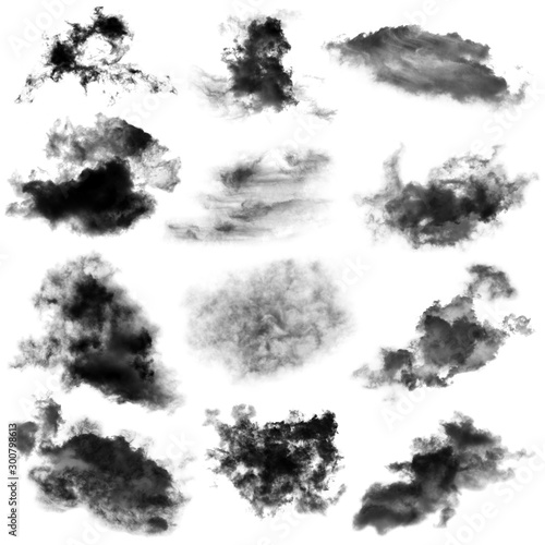 collection of white and black cloud isolated on background for Design element,Textured Smoke,brush effect