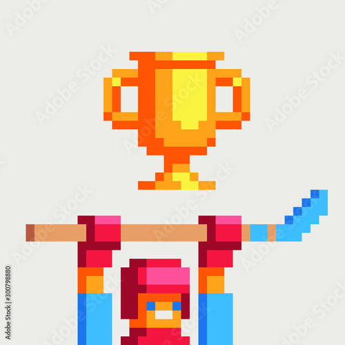 Hockey player with a stick and winning cup. Pixel art. Stickers, logo and  app design. Isolated vector illustration. Stock Vector