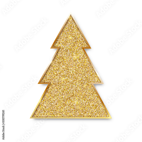 Christmas tree with glittering texture. Golden fir isolated on white background. Vector illustration, EPS10