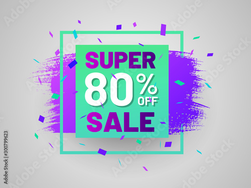 Super sale tag with square frame and paintbrush stroke. 80 percent off banner. Flat gradient design with festive confetti. Commercial advertisement and holiday shopping. Weekend discount proposition