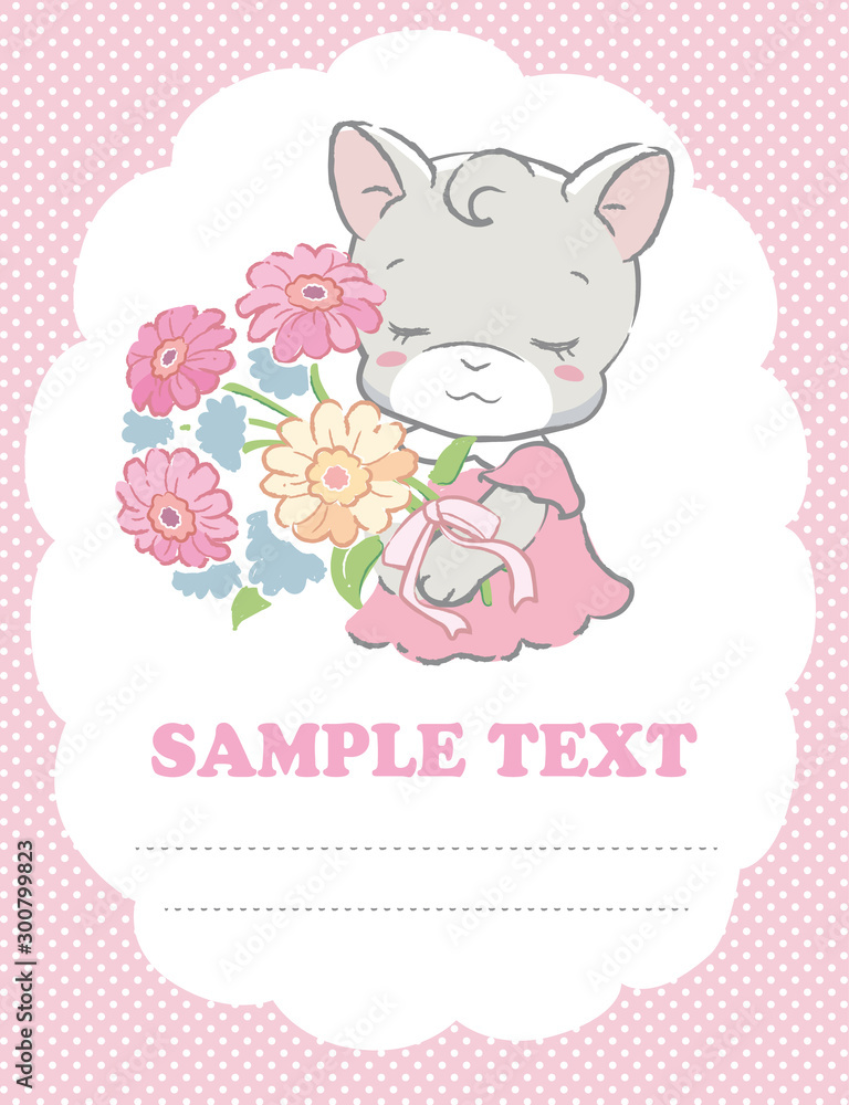 Cute kitten holding a bouquet. Vector illustration for invitation card, birthday card, baby wear design or other use.