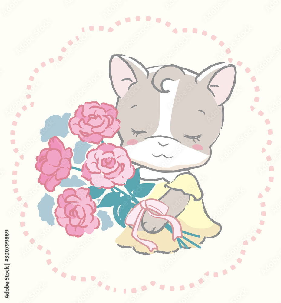 Cute kitten holding a bouquet. Vector illustration for invitation card, birthday card, baby wear design or other use. Cute kitten holding a bouquet. Vector illustration for invitation card, birthday card, baby wear design or other use.