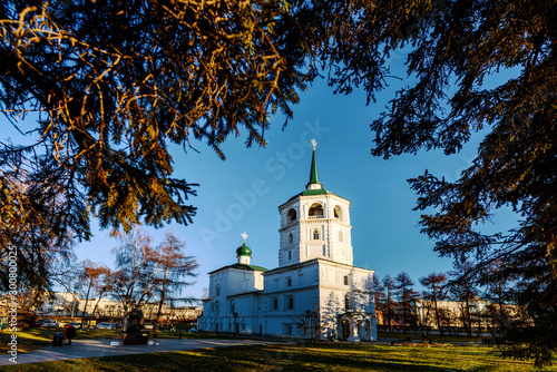 RKUTSK, RUSSIA - November 2, 2019: Spasskaya Church of Chist the Saviour in the center of Irkutsk city is one of the oldest stone building in Irkutsk photo