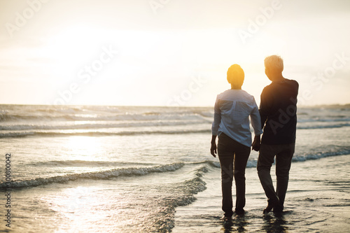 Romantic Silhouette hugging couple holding hand on the beach. sunset in background..