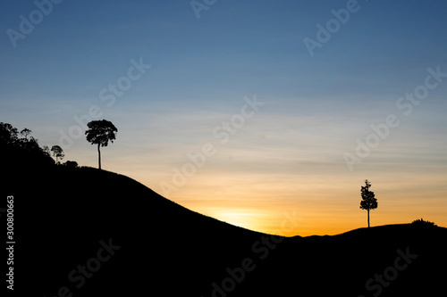 silhouette mountain and trees at sunset sky background