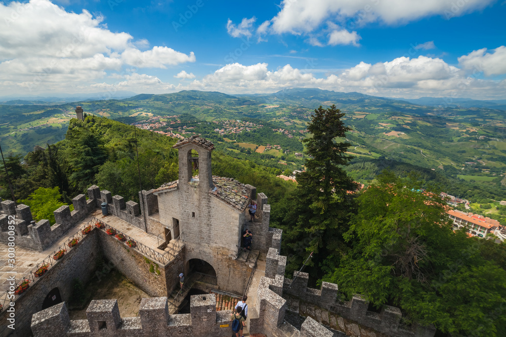View to courtyard inside Second Tower of San Marino as known as Cesta or Fratta, panaramic areal view to Italians hills from mountain Monte Titano