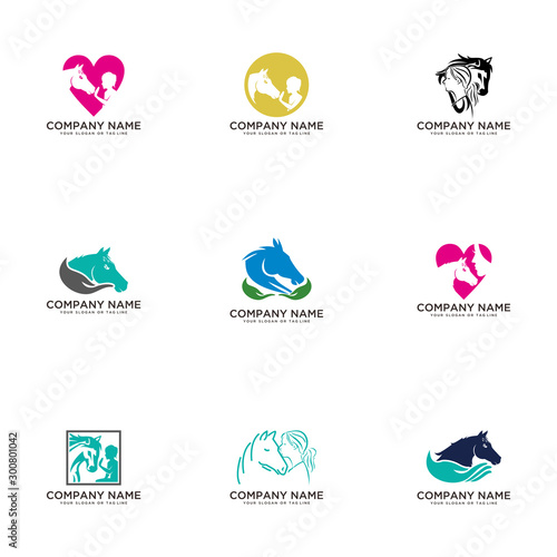 set logo design horse care horse training vector template