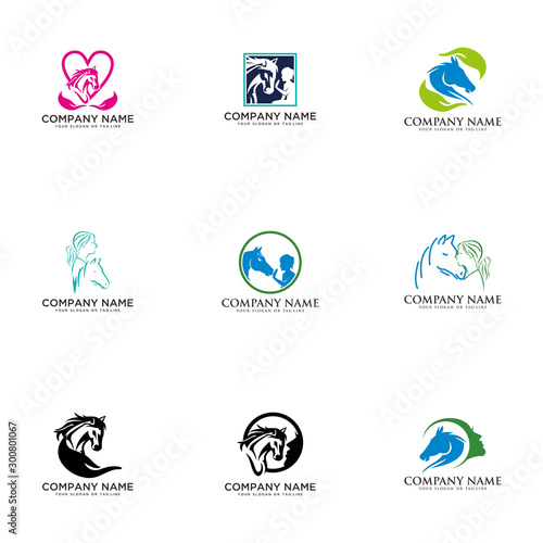 set logo design horse care horse training vector template