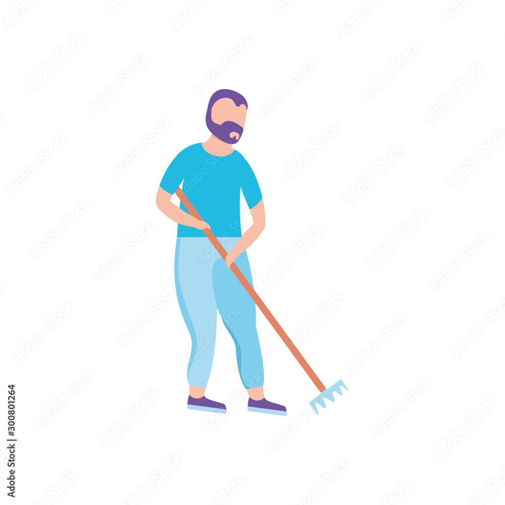 man with rake, tool of garden on white background man with rake, tool of garden on white background