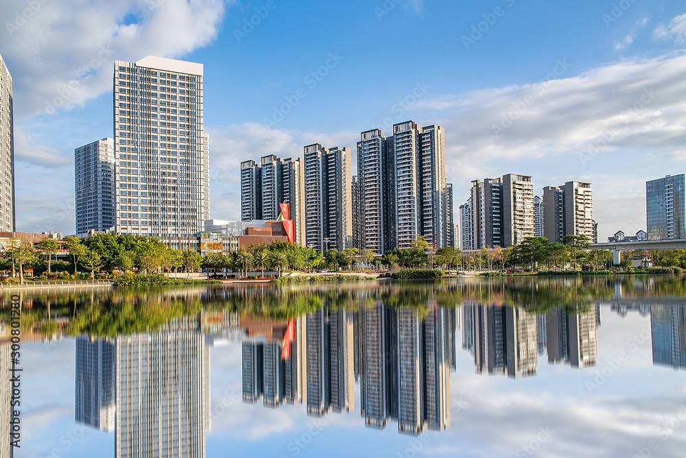 Skyline of the commercial center of Jiaomen River in Nansha District, Guangzhou, China - obrazy, fototapety, plakaty 