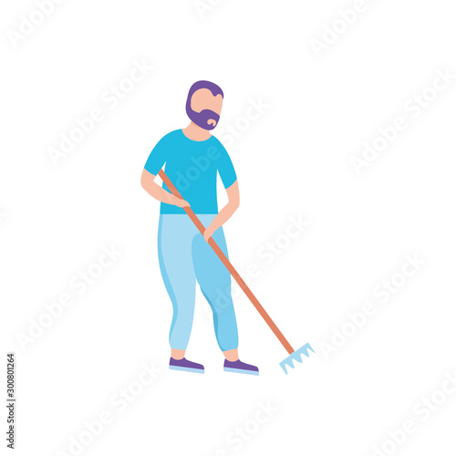 man with rake, tool of garden on white background