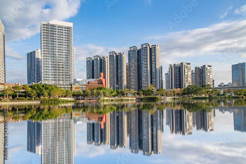 Skyline of the commercial center of Jiaomen River in Nansha District  Guangzhou  China