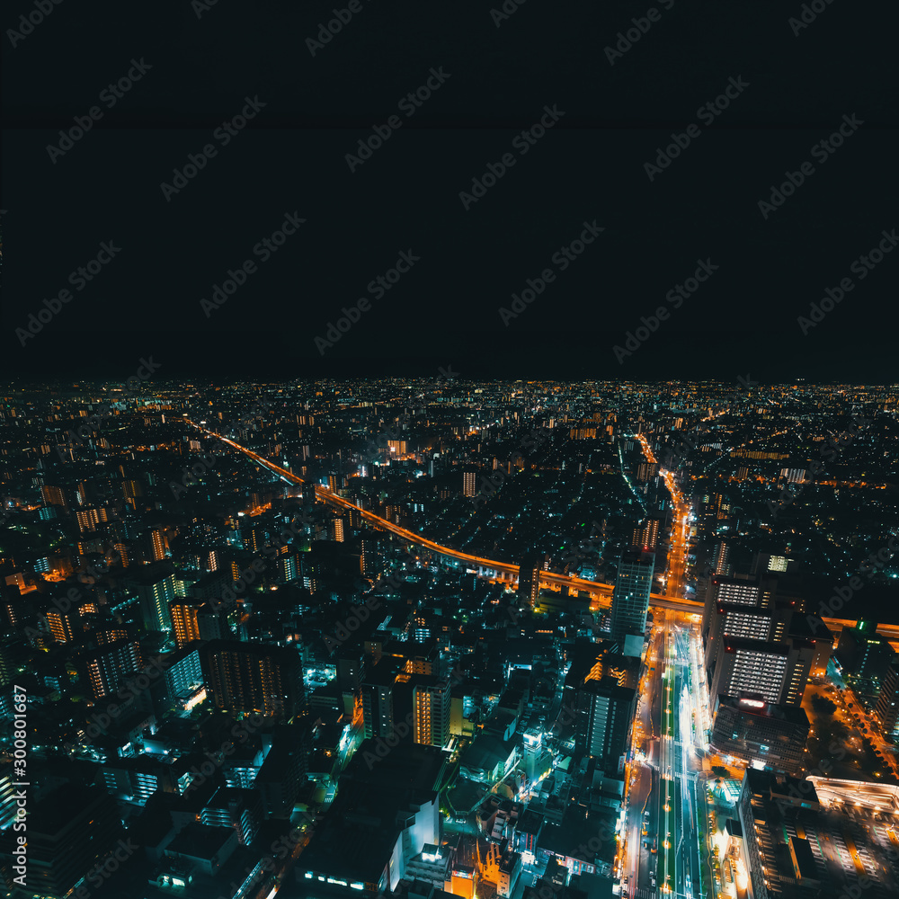 Fototapeta premium Aerial view of the Osaka cityscape at night