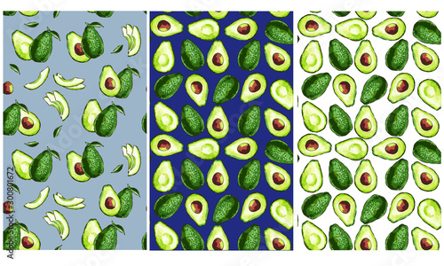 Seamless exotic vector pattern with sliced ​​avocado on a fashionable background. Seamless pattern of ripe avocados with seeds. Healthy eating Print, clothes, blankets, banner and more.