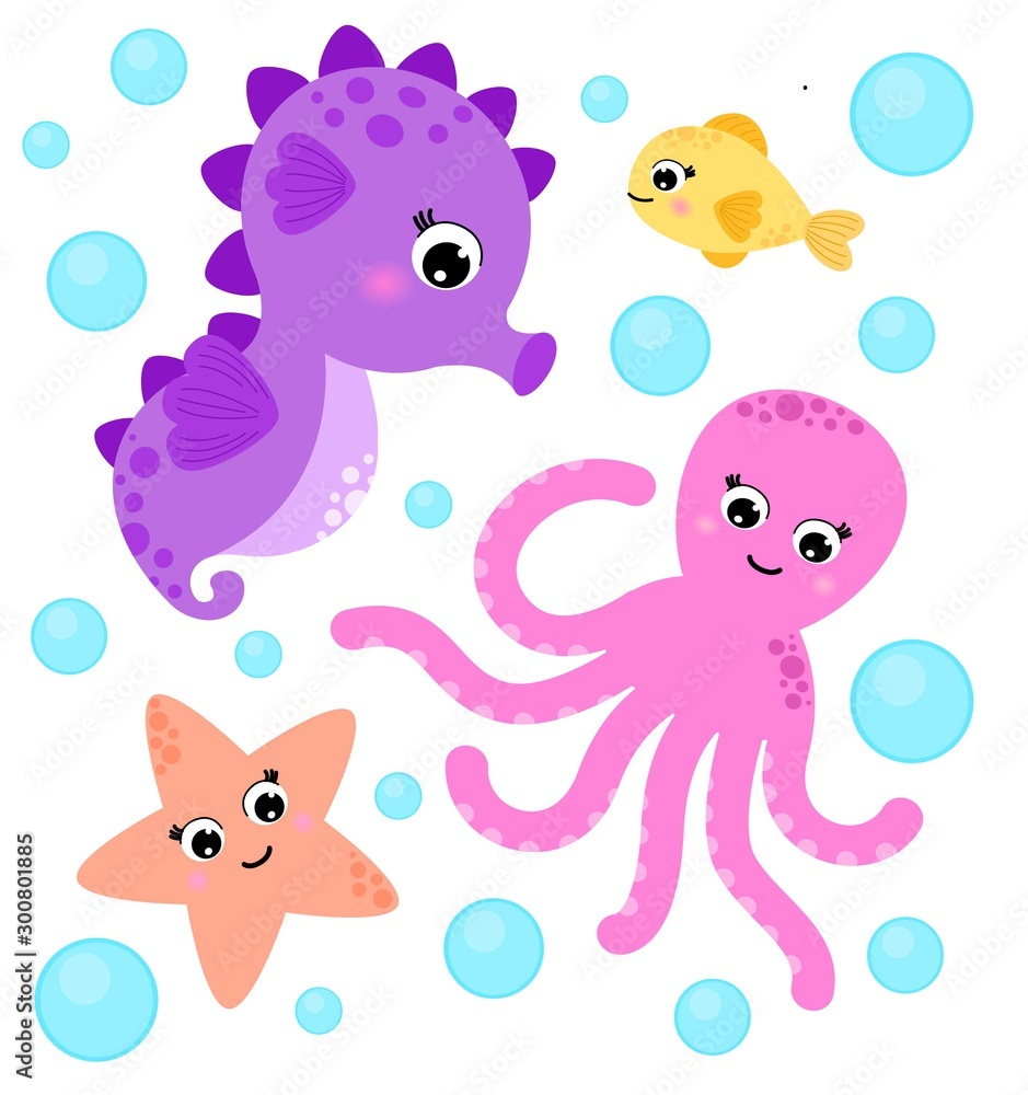 Set of underwater marine life. Seahorse, starfish, octopus and fish. Cartoon style.