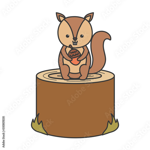 cute squirrel with acorn sitting on trunk hello autumn