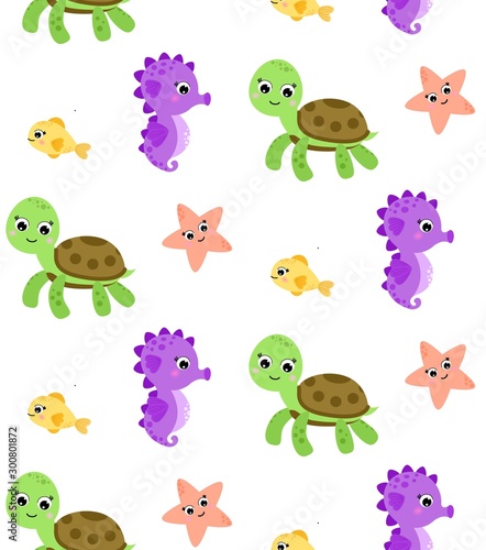 Seamless pattern with marine life  contains seahorse  fish  turtles  starfish. Cartoon style. Isolated on white background. Printing on fabric  packaging  wrappers  gift bags.