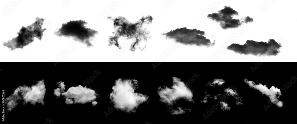 collection of white clouds and set of black cloud isolated on background for Design element,Textured Smoke,brush effect