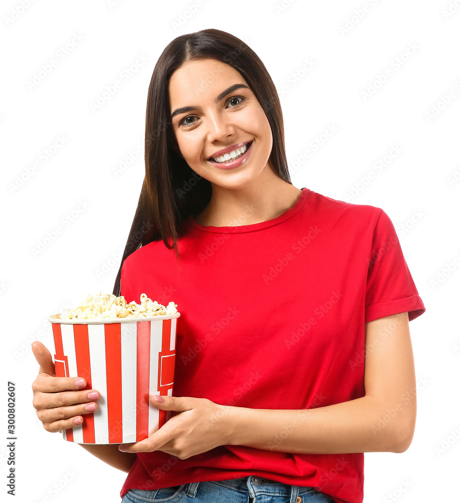 Young woman with popcorn on white background Young woman with popcorn on white background