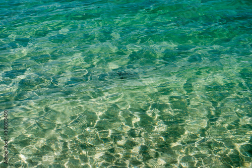 the surface of the water with turquoise water and sand
