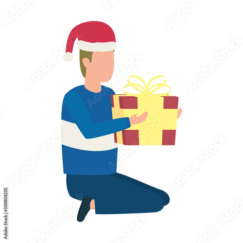 young man with christmas hat and giftbox present