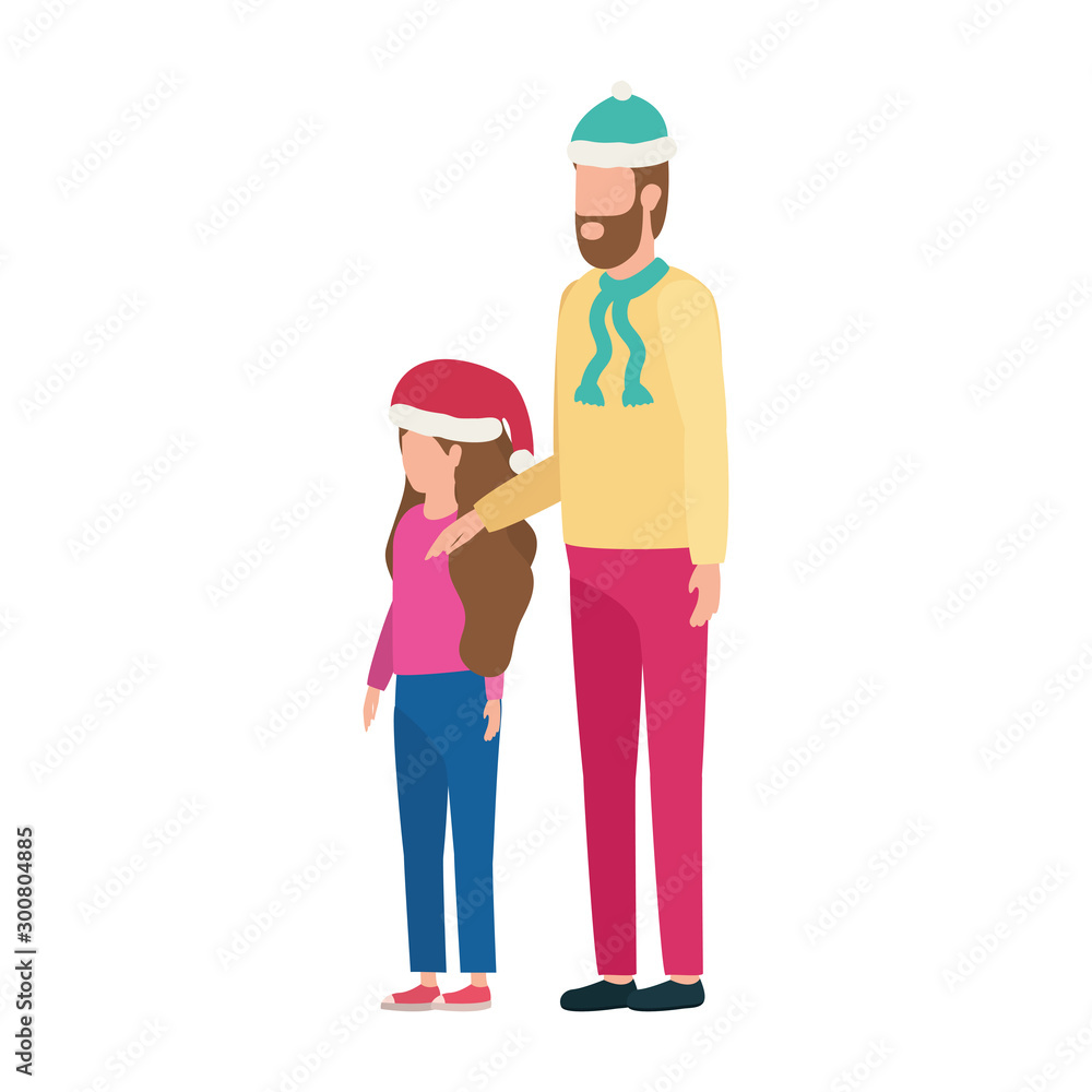 father and daughter with christmas hats characters father and daughter with christmas hats characters