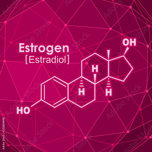 Chemical molecular formula hormone estrogen. Infographics illustration. Connected lines with dots background.
