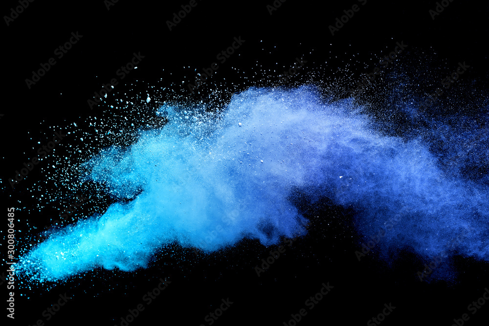 Blue sky color powder explosion on black background. - obrazy, fototapety, plakaty 