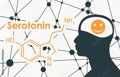Chemical molecular formula hormone serotonin. Silhouette of a man head. Connected lines with dots background.