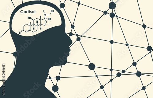 Chemical molecular formula hormone cortisol. Connected lines with dots background. Silhouette of a man head.