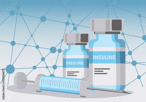 Vials with insulin hormone and single use insulin syringe. Set for diabetic. Blue connected lines with dots background.