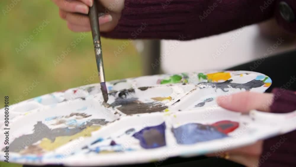 Dabbing Paint Brush on Plastic Art palette in Brown Paint Dabbing Paint Brush on Plastic Art palette in Brown Paint