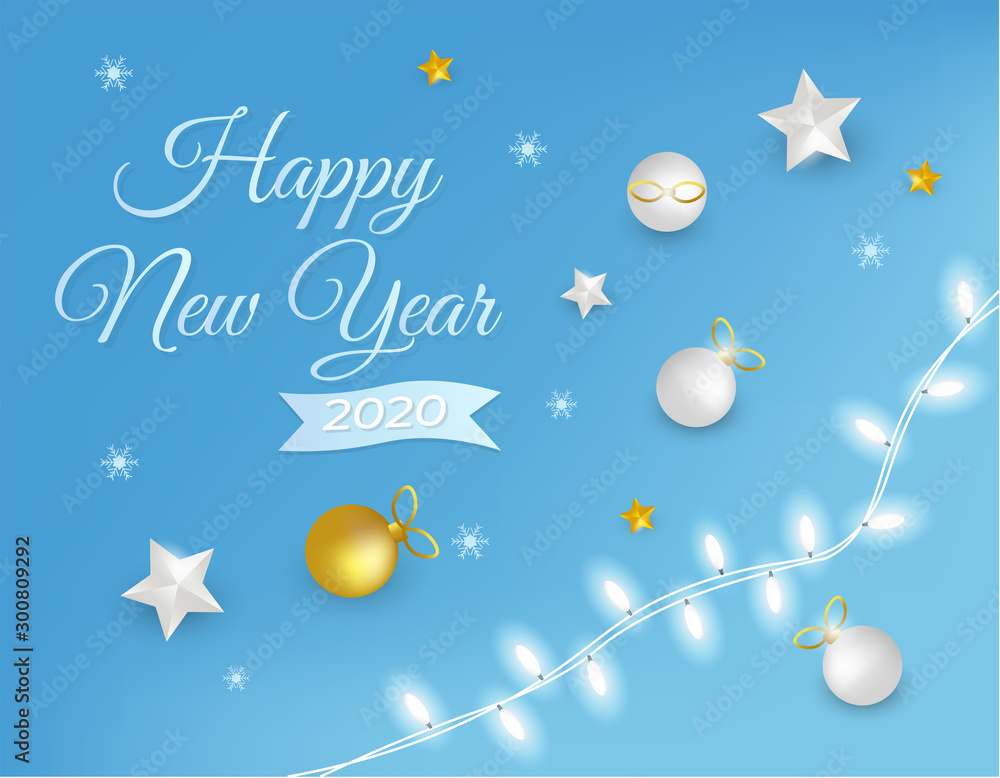 Fototapeta Frozen New Year 2020 festive background with decorative glittering lamps and stars suitable for poster, invitation card.