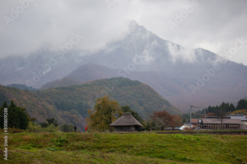 Mt.Daisen and a thatched house, tottori, かやぶき屋根と大山
