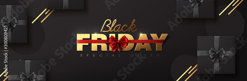 Black Friday. Calligraphic golden color on dark background., the color ribbon red luxury. Advertising Poster design.Vector illustration.