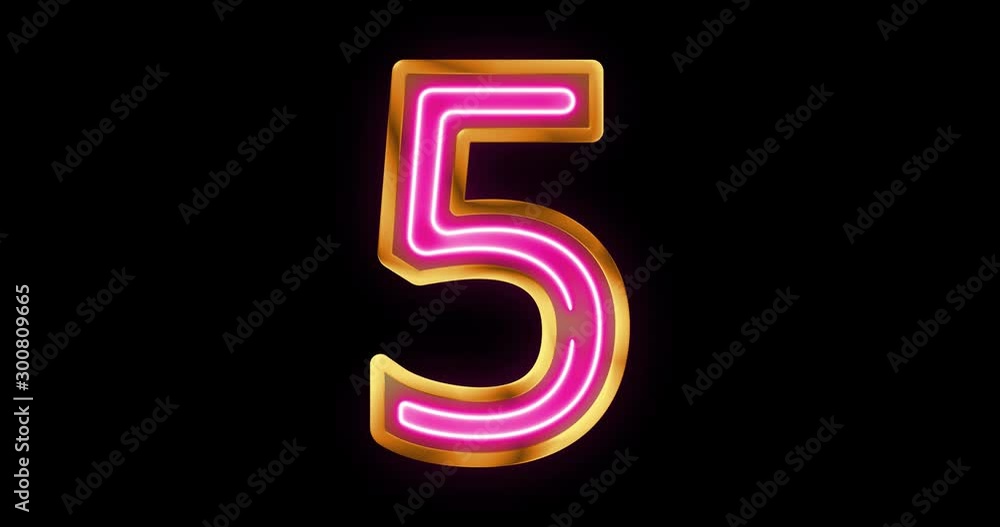 Golden number 5 with pink glowing neon light in center on transparent background Golden number 5 with pink glowing neon light in center on transparent background