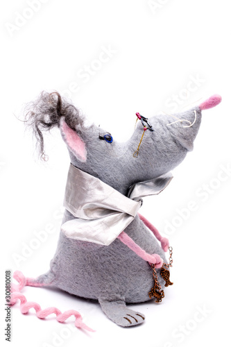 Rat - soft toy made of felted wool on a white background