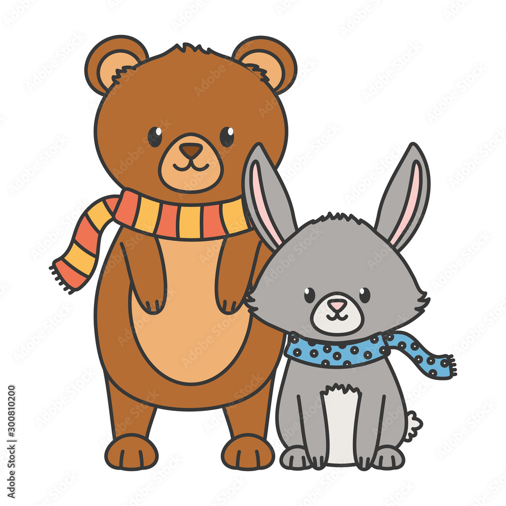Obraz premium cute bear and rabbit with scarf autumn