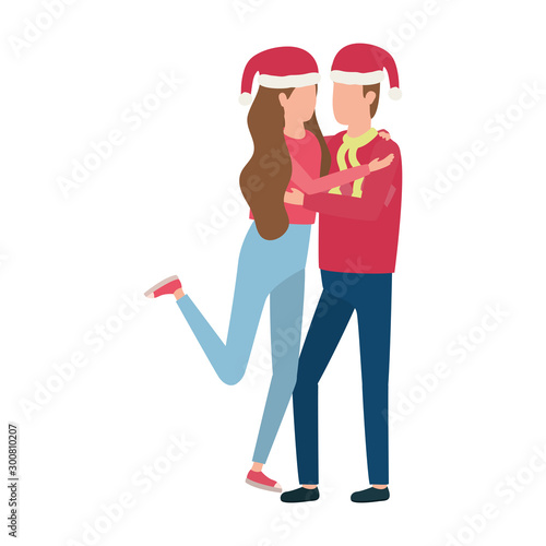 young lovers couple with christmas hat characters