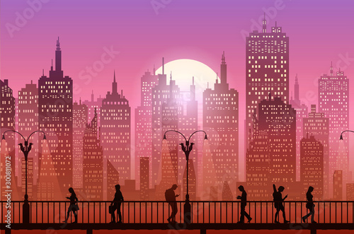 Downtown city wallpaper in the evening landscape wallpaper Sunset Illustration vector style Sunlight colorful view background